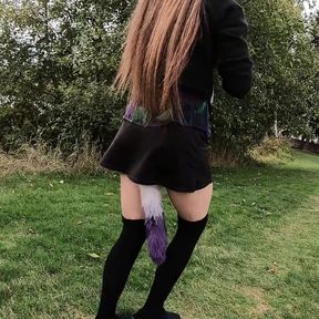 A walk around the lake with Longpussy. Short, Slutty Skirt and a Tail.