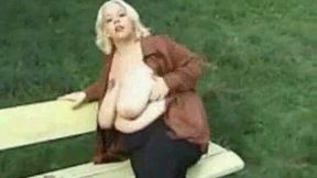 My busty 52 years old wife exposes her fun bags in the public park