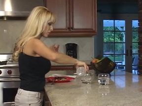 Blonde MILF spreads lotion on chick fresh out of the shower