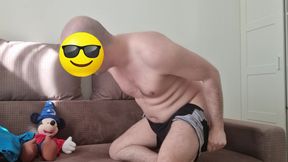Cumshot and Cum Tasting After a Tease with Fluffy Toy