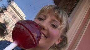 Blonde candy girl Xeniya blows couple of cocks