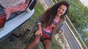 sexy hairy milf pisses on the roadside and fucks the trailer hitch