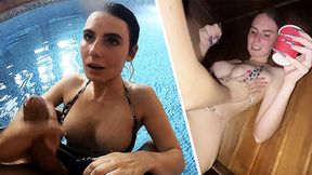 Petite girl sucks cock by the pool