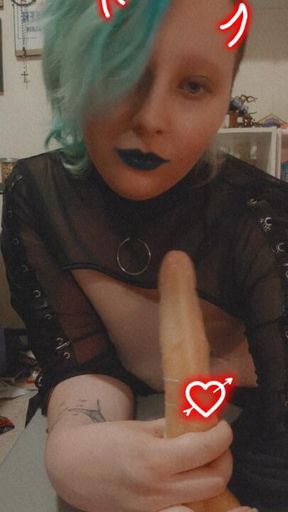 demonxkitty666 giving a messy dildo bj with lipstick on
