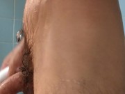 Tattooed daddy soaped up, fingering ass and shooting a monster load