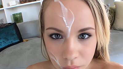 Blonde Britney Young taking sticky facial cumshot