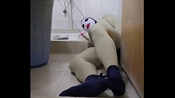 Zentai slave penis  toilet bondage
