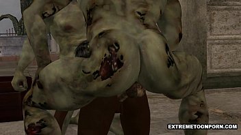 3D ebony babe double teamed outdoors by some zombies