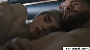 Shemale blonde and her boyfriend are on the bed naked and so sweet to each other.After that,they start kissing each other and tranny babe throats the big cock of her boyfriend passionately.In return,the dude fucks the wet ass of trans blonde.