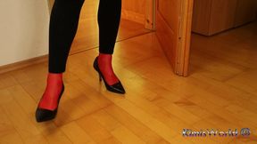 Red Stockings, High Heels & Black Leggings Tease