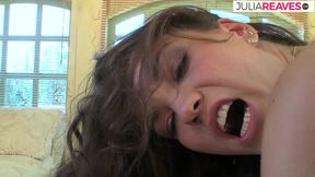 Skinny bitch rubs clit as a huge cock drills her ass hard