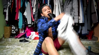 Riding black dildo in the closet