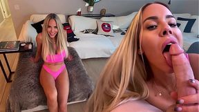 Blonde bombshell with big jugs deepthroats and rides monster cock