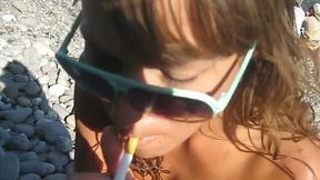 Skinny and busty girlfirend masturbates on the beach