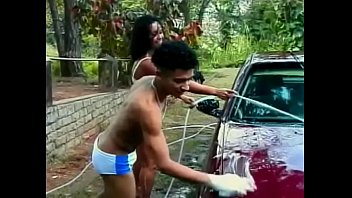 Car washing turned for juicy Brazilian floozie Sandra into nasty  double-barreled threesome outdoor action