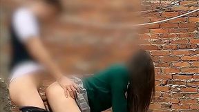 College slut gives mind-blowing blowjob behind school building & takes facial cumshot!