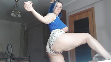 Blue haired russian dances in nightie fingering that big ass solo