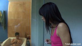 Cute brunette watches her stepsister take a bath