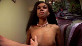 Ebony fembot Anastasia Valentine gets a facial during her interracial blowjob