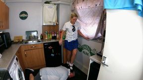 Danielle Chunky Mary Jane Shoes Walking Trample On His Hands Fingers & Head In The Kitchen