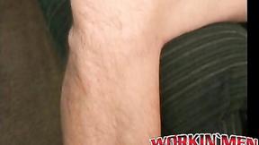 ”Older bushy guy masturbates using two hands on his huge cock”