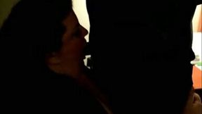 Chubby dark haired lady stood on knees while sucking fat big cock