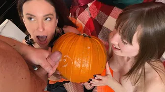 Kate Quinn and Mary Frost FFM Halloween Threesome with Shaved Pussies and Fishnets