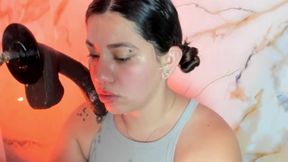 Brunette Deepthroats Huge Dildo
