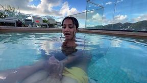 Busty wife Yasmine Khan gives a wet and wild poolside blowjob