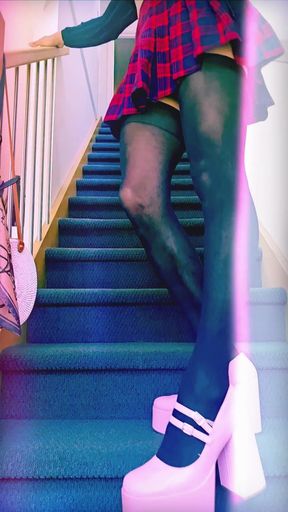 Dirty Crossdresser Teasing You on the Stairs, Down on All Fours Face Down Ass up, Walking in Her Slutty Pink Heels up and Down!