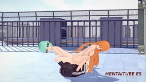 Art Online Hentai 3D - Threesome, Asuana and Asada masturbate Kirito with their ass and he cums on her buttocks - Japanese Anime Manga Cartoon Porn