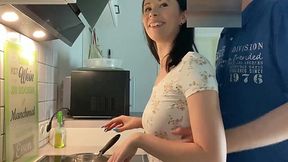 Delicious brunette couldn't finish her cooking and got banged
