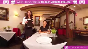 Two Hot Babes Temptingly Fuck in Public Cafe Setting