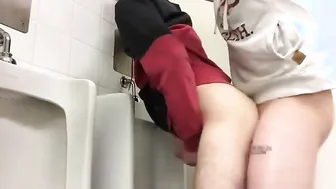 Latin amateurs swap bareback anal in public bathroom