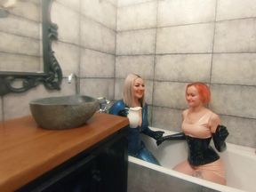 Bath Relax in Latex Rubber with Milk, Romantic Funny Fetish Video
