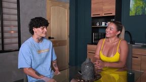 Busty stepmother takes advantage of her husband's absence for a steamy encounter with her stepson.