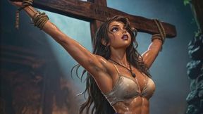 beautiful sexy anime babe is tied to a cross in BDSM bondage and left there to sweat and struggle copy