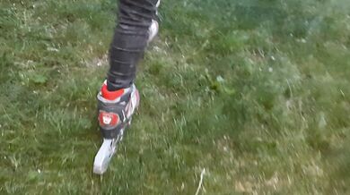 My hairy pussy dripped while fingering myself for my trainer on skates