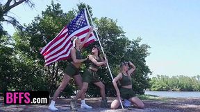 Female cadets share boy's dick in crazy foursome