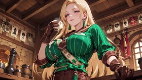 She sips beer while fixing her apron, revealing creamy cleavage.