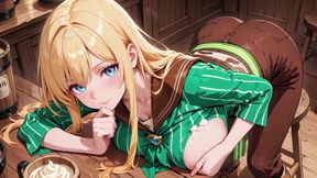 She sips beer while fixing her apron, revealing creamy cleavage.