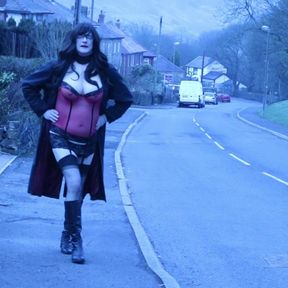 crossdresser outdoors on a residential street