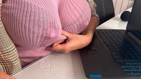 Hot Step Mother Seduces Step Son in the office, shows him milky nipples and Makes big cock Handjob