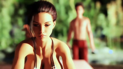 Ample-chested lady chokes on lover by pool, stunned by throat climax in sultry toon scene