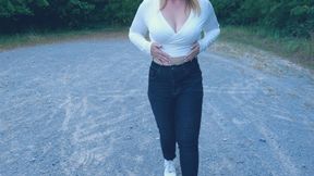 Public Parking Lot Handjob Gone Wild: Wet & sloppy Handjob leads to massive Tit Cumshot