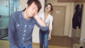 Chinese ballbust in tight jeans