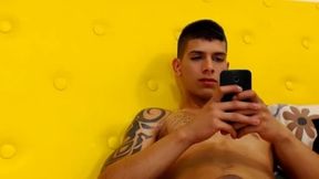 Athletic Guy in Yellow Room with Arm Tatoo