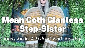 6’7 Goth Giantess Step-Sis Boot, Sock & Fishnet Foot Worship Humiliation