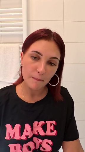 Hottest redhead ever in the bathroom touches herself in a super short college mini skirt   Clip 1