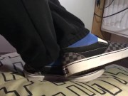 Male Shoeplay  in Vans Slip ons and blue puma socks